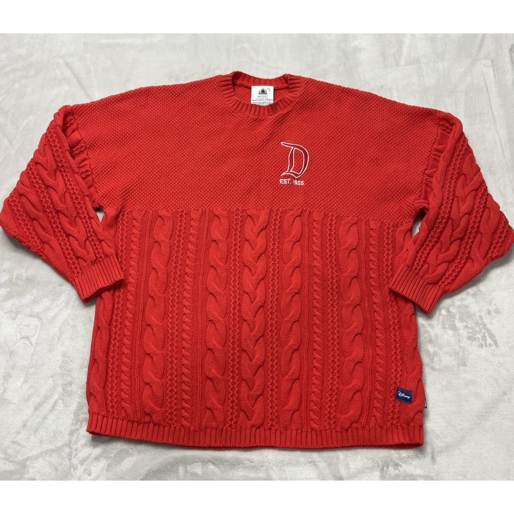 Disney Park World Spirit Jersey Sweater Women Large Red Heavy Cable knit Cotton